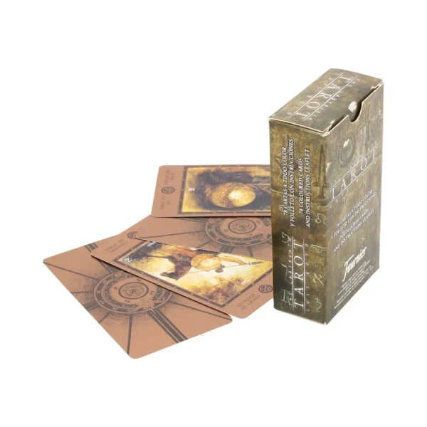 A steampunk-style tarot card deck with brown-gold mechanical designs beside its matching box.