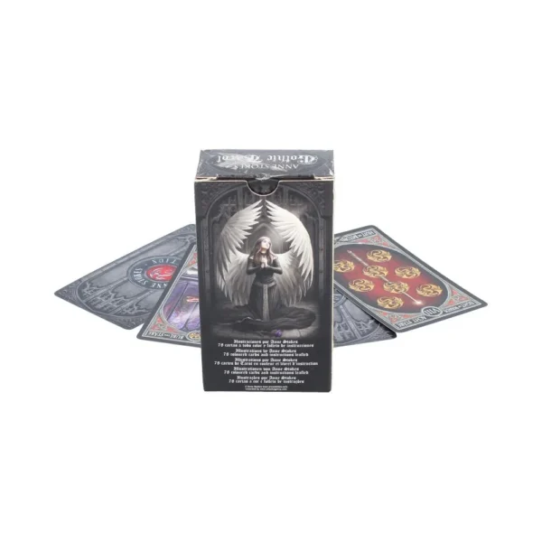 A gothic tarot card deck box featuring an angel illustration with ornate dark fantasy designs.