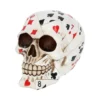 Playing Card Skull Sculpture - Red Black White Macabre Art A human skull sculpture made from overlapping playing cards in red, black, and white tones.