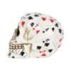 Playing Card Skull Sculpture - Layered Design in Bone White A human skull sculpture covered with layered playing card designs showing hearts, spades, diamonds, and clubs.