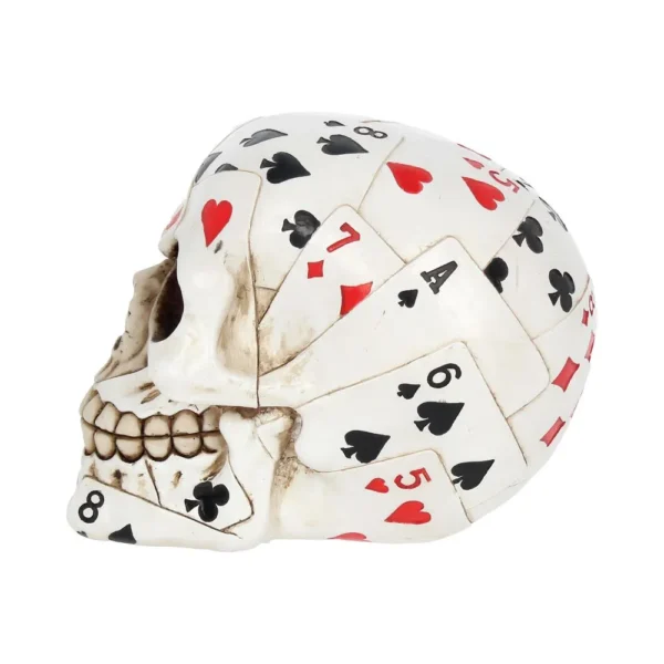 Playing Card Skull Sculpture - Layered Design in Bone White A human skull sculpture covered with layered playing card designs showing hearts, spades, diamonds, and clubs.