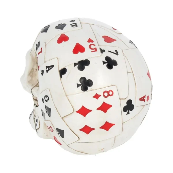 Playing Card Skull Sculpture Ivory Tone - Mortality and Chance A human skull sculpture made of overlapping playing cards showing hearts, diamonds, clubs, and spades.
