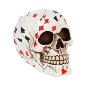 Playing Card Skull Decor Resin Sculpture - Bone White Design A bone-white decorative skull with playing card suit symbols and a red diamond number nine motif.