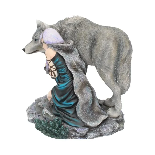 Fantasy sculpture of a kneeling woman with lavender hair beside a large gray wolf on a rocky base.