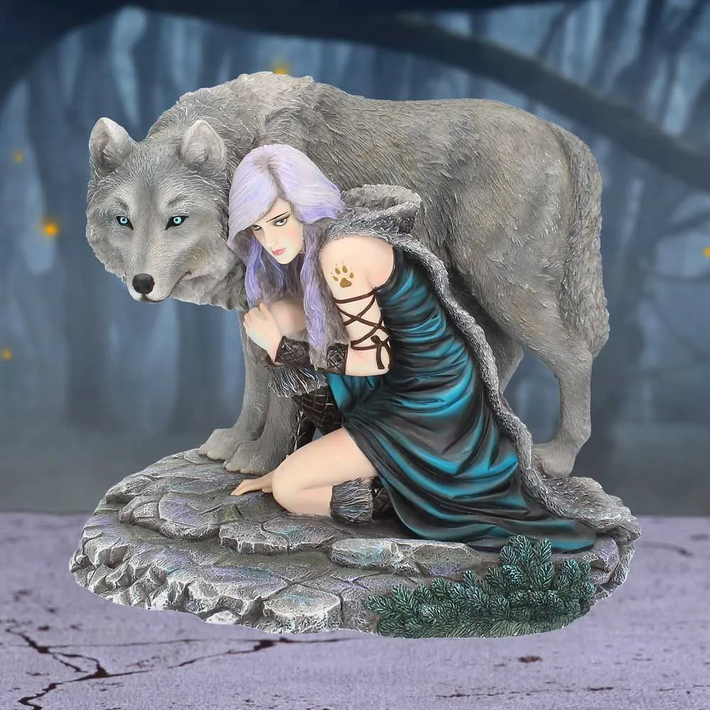 About Us 3 Alternative gifts store- A fantasy figurine of a woman with lavender hair kneeling beside a protective gray wolf.