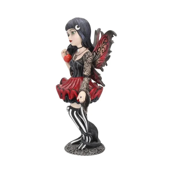 Gothic Fairy Figurine Resin Statue - Red And Black Wings A gothic fairy figurine with red and black wings holding a red apple on a detailed base.
