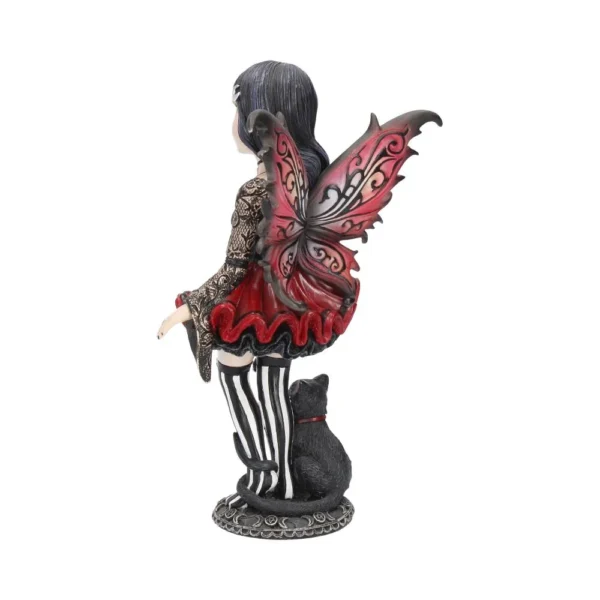 Gothic Fairy Figurine Resin Statue - Red Black Wings And Cat A gothic fairy figurine with red-black wings and a black cat on an ornate base.