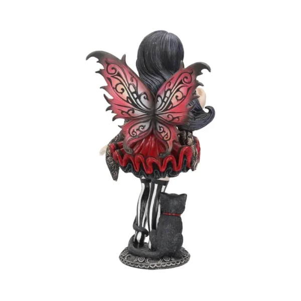 Gothic Fairy Figurine Resin Statue Red Wings With Black Cat A gothic fairy figurine with red butterfly wings sitting beside a small black cat.