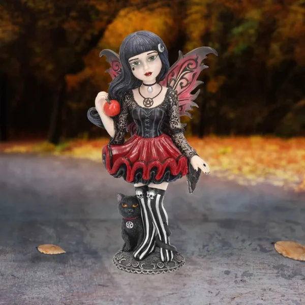 Gothic Fairy Figurine Resin Statue Red Black Wings With Cat A gothic fairy figurine with red and black wings holding a glowing apple beside a black cat.