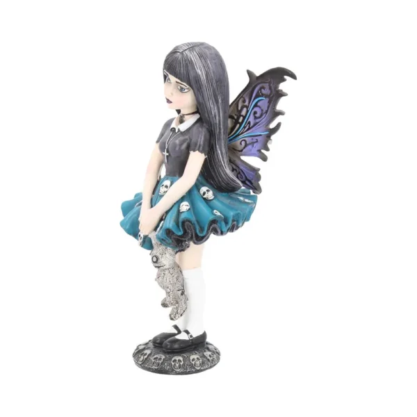 Gothic Fairy Figurine Resin Statue Black Hair Purple Wings Gothic fairy figurine with black hair, teal skirt, and purple butterfly wings holding a teddy bear.