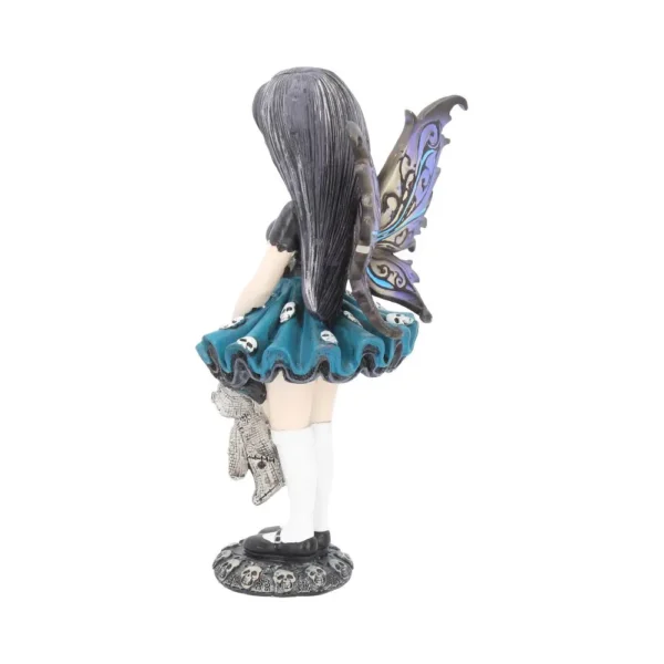 Gothic Fairy Figurine Resin Statue Teal Dress With Teddy Bear A gothic fairy figurine with purple wings holding a worn teddy bear on a skull-decorated base.