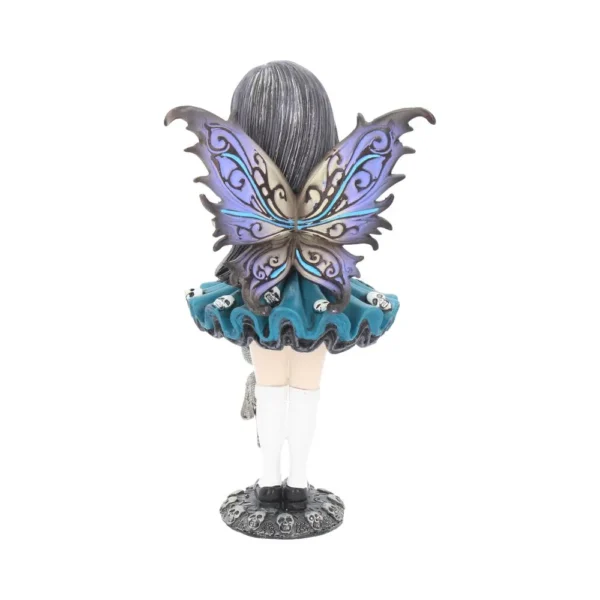 Gothic Fairy Figurine Resin Statue Teal Dress With Wings A gothic fairy figurine with butterfly wings, teal dress, and skull decorations on a circular base.