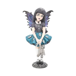 Gothic Fairy Figurine Resin Statue - Dark Wings and Voodoo Doll A gothic fairy figurine with dark wings holding a voodoo doll on a skull-decorated base.