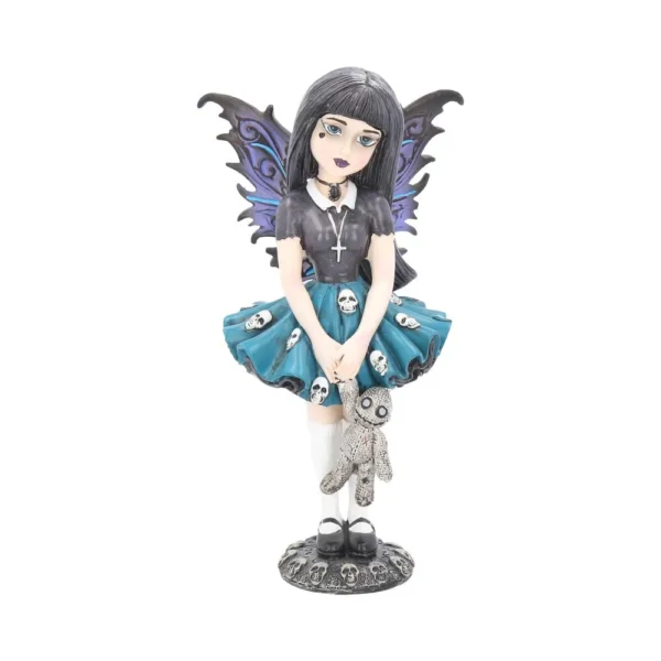 Gothic Fairy Figurine Resin Statue - Dark Wings and Voodoo Doll A gothic fairy figurine with dark wings holding a voodoo doll on a skull-decorated base.