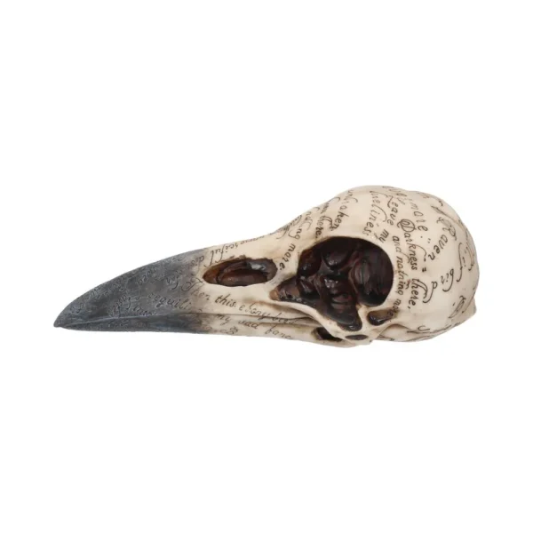 A sculpted raven skull engraved with handwritten gothic script on an aged ivory and dark metallic surface.