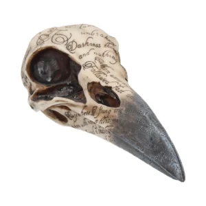 Raven Skull Sculpture Resin Gray - Engraved Gothic Script Engraved raven skull sculpture with etched cursive text and dark gothic artistic details.