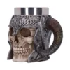 Skull Mug Stainless Steel Gray - Medieval Helmet Ram Horn Handle A skull-shaped mug with a medieval helmet and ram horn handle, gothic fantasy design.
