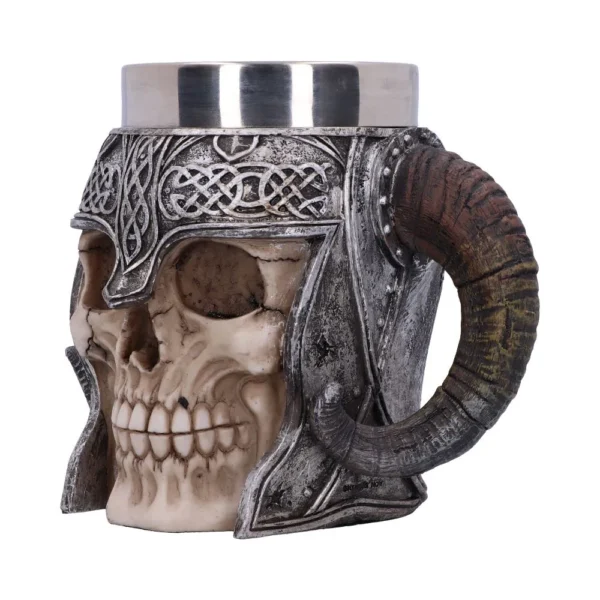 Skull Mug Stainless Steel Gray - Medieval Helmet Ram Horn Handle A skull-shaped mug with a medieval helmet and ram horn handle, gothic fantasy design.
