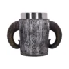 Viking Drinking Mug Metal Gray - Twin Ram Horn Handles Medieval-style mug with twin ram horn handles and carved Norse knotwork design.