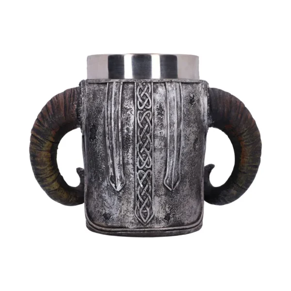Viking Drinking Mug Metal Gray - Twin Ram Horn Handles Medieval-style mug with twin ram horn handles and carved Norse knotwork design.