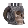Viking Skull Mug Stainless Steel Gray - Horn Handle Design A Viking skull mug with a horn-shaped handle and detailed Norse helmet design.