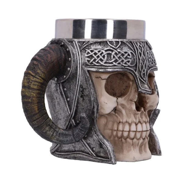 Viking Skull Mug Stainless Steel Gray - Horn Handle Design A Viking skull mug with a horn-shaped handle and detailed Norse helmet design.