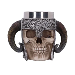 A gothic skull mug with Viking helmet and ram horns featuring silver and bone-like details.