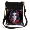 Gothic Shoulder Bag Black Fabric - Sugar Skull Woman Design A black gothic shoulder bag featuring a Dia de los Muertos sugar skull woman with red roses.