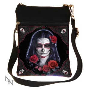 Gothic Shoulder Bag Black Fabric - Sugar Skull Woman Design A black gothic shoulder bag featuring a Dia de los Muertos sugar skull woman with red roses.