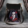 Gothic Shoulder Bag Faux Leather Black - Sugar Skull Woman Design A black shoulder bag featuring a gothic sugar skull woman with red roses and ornate frame design.