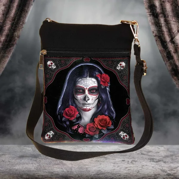 Gothic Shoulder Bag Faux Leather Black - Sugar Skull Woman Design A black shoulder bag featuring a gothic sugar skull woman with red roses and ornate frame design.