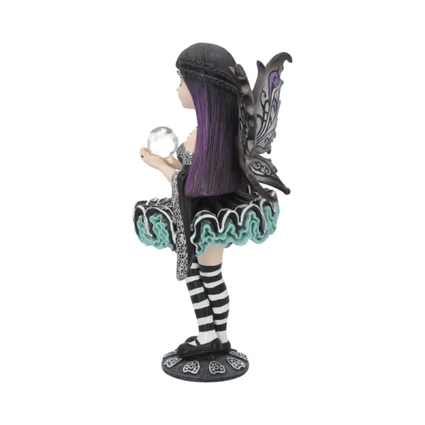 Gothic Fairy Girl Figurine Resin Black Purple Wings Orb A gothic fairy girl figurine holding a glass orb with black and purple wings and dress.
