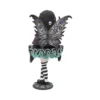 Gothic Fairy Figurine Resin Sculpture - Dark Wings and Skulls A gothic fairy figurine with dark butterfly wings, striped stockings, and turquoise-trimmed black dress.