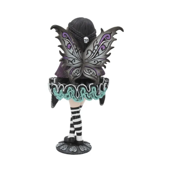 Gothic Fairy Figurine Resin Sculpture - Dark Wings and Skulls A gothic fairy figurine with dark butterfly wings, striped stockings, and turquoise-trimmed black dress.