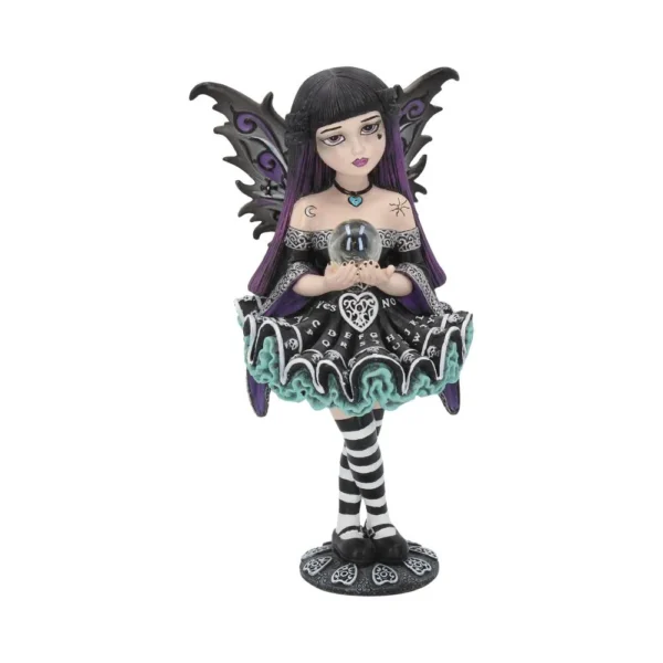 Gothic Fairy Figurine Resin Statue Black Purple - Crystal Ball A gothic fairy figurine with dark wings, crystal ball, and black dress with turquoise accents.