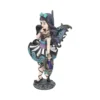 Gothic Fairy Figurine Resin Statue Black Turquoise Lantern A gothic fairy figurine with bat-like wings holding a lantern on a skull-decorated base.