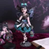 Gothic Fairy Figurine Resin Statue Black Turquoise - Poison Bottle Licensed Gifts Buying. A gothic fairy figurine holding a poison bottle beside another dark fantasy doll and open spellbook.