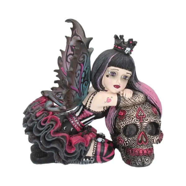 Gothic Fairy Figurine Resin Statue Black Magenta Skull Accent Gothic fairy figurine with dark wings leaning on an ornate magenta-decorated skull.