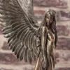 Bronze Angel Statue - Elegant Wings and Blue Gem Accents A bronze statue of a female angel with detailed wings, blue gemstones, and flowing hair.