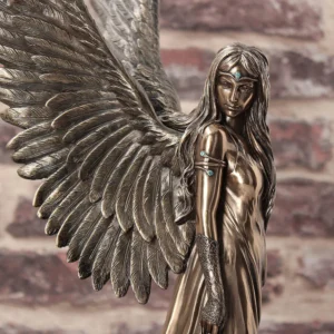 Bronze Angel Statue - Elegant Wings and Blue Gem Accents A bronze statue of a female angel with detailed wings, blue gemstones, and flowing hair.