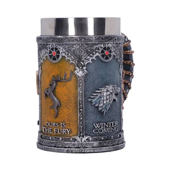 Game of Thrones Tankard Stainless Steel Silver Dual House Crests A detailed Game of Thrones tankard featuring House Baratheon and House Stark crests with ornate silver designs.