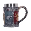 Game of Thrones Metal Resin Tankard Gray Red - Dragon Handle A detailed Game of Thrones tankard featuring House Stark and Lannister emblems with a dragon-tail handle.