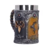 Medieval Metal Tankard Silver and Gold - Noble House Emblems A medieval fantasy metal tankard featuring House Greyjoy and House Baratheon emblems and mottos.