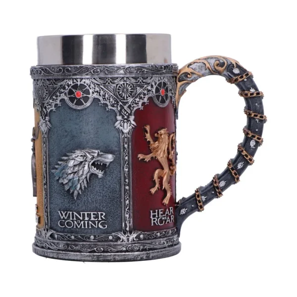 Game of Thrones Metal Resin Tankard Gray Red - Dragon Handle A detailed Game of Thrones tankard featuring House Stark and Lannister emblems with a dragon-tail handle.