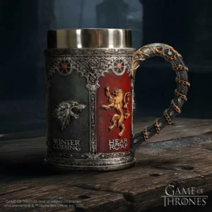 Game of Thrones Metal Mug Silver and Gold House Sigils Design A detailed metal Game of Thrones mug featuring House Stark and House Lannister emblems.
