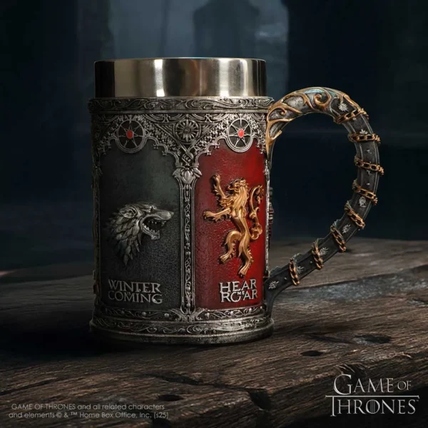 Game of Thrones Metal Mug Silver and Gold House Sigils Design A detailed metal Game of Thrones mug featuring House Stark and House Lannister emblems.