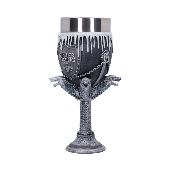 Game of Thrones Stark Goblet Silver Resin - Wolf and Icicle Design A detailed silver and gray Game of Thrones goblet featuring the House Stark wolf and motto.