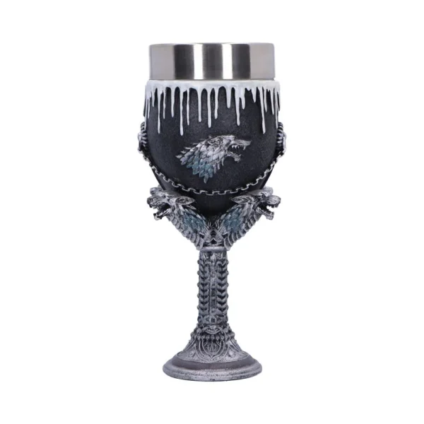 Direwolf Silver Goblet Cup - Black Medieval Icy Design A fantasy-style silver goblet with a direwolf emblem and icy decorative details.
