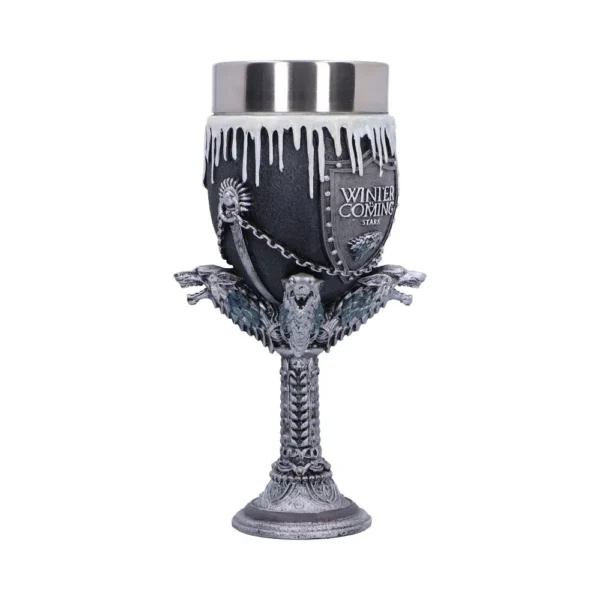 Game of Thrones House Stark Silver Goblet - Direwolf Design A silver Game of Thrones House Stark goblet with direwolf emblem and “Winter is Coming” engraving.