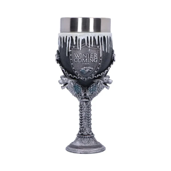 Game of Thrones House Stark Silver Goblet - Winter Is Coming A silver Game of Thrones goblet featuring House Stark direwolf and “Winter is Coming” design.